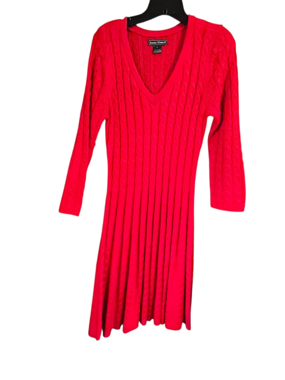 Jessica Howard Red Cable-Knit V-Neck Long Sleeve Dress Sz M
